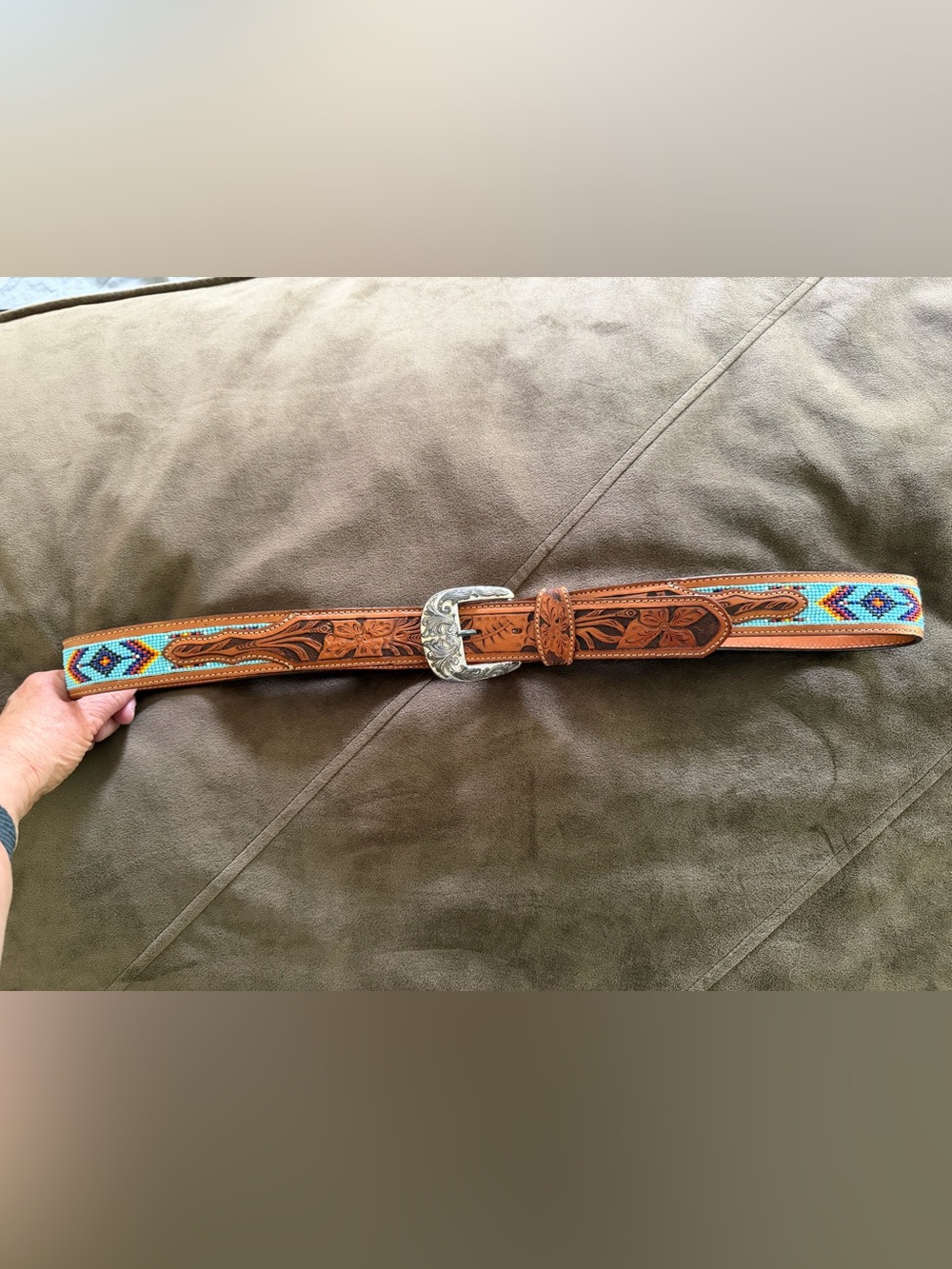 Tony Lama Brown Tooled Leather Belt with Turquoise and Blue Beadwork
